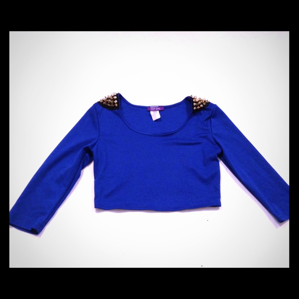 Gold Spiked Studded Shoulder Blue Crop Top